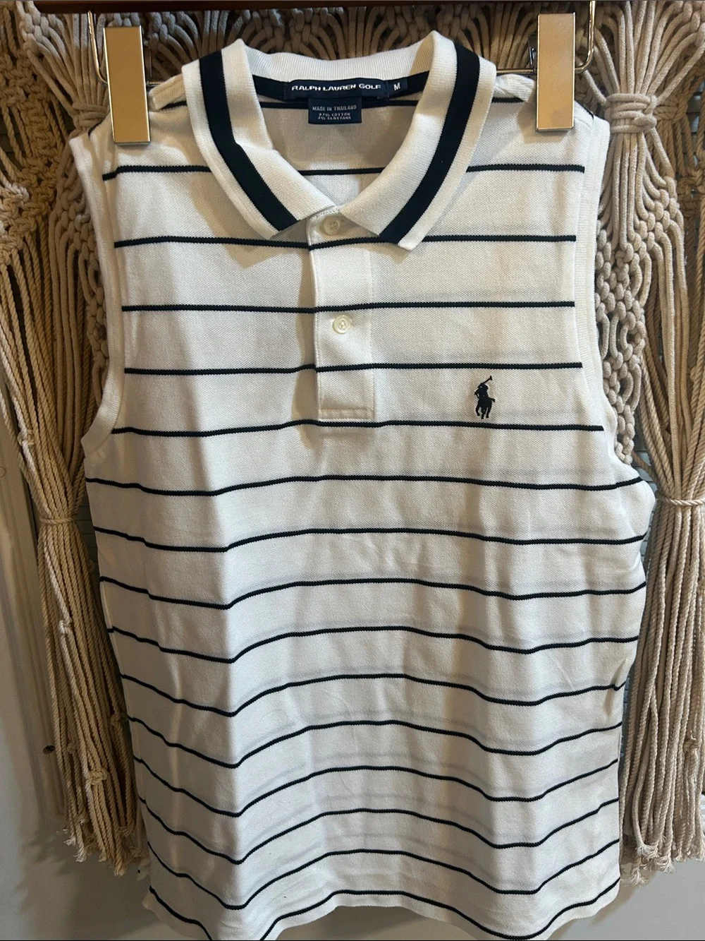 Ralph Lauren Men’s White Sleeveless Polo with Navy Stripes